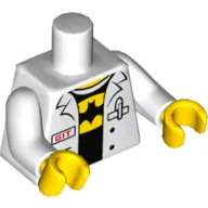 Torso Open Lab Coat, Red 'GIT' Badge and Pocket with Pen, over Black Shirt with Batman Symbol in Yellow Oval Print, White Arms, Yellow Hands
