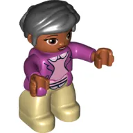 Duplo Figure with Thick Short Hair Combed over Forehead and Bun Black, with Magenta Jacket over Pink Blouse Print - Medium Nougat Face and Hands - Tan Legs