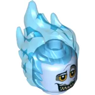 Minifig Head Special with Trans-Light Blue Flames, Orange Eyes, Raised Left Eyebrow, Large Grin Print (Hades)