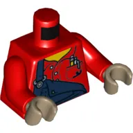 Torso Overall, Dark Blue with One Strap Down, Shirt Pockets with Pens Print, Red Arms, Dark Tan Hands