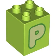 Duplo Brick 2 x 2 x 2 with Yellowish Green 'P' Print