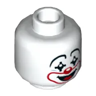 Minifig Head Jimbo Loblo, Clown Make Up, Pointed Eyes, Red Nose and Mouth, Smile with Tongue Print