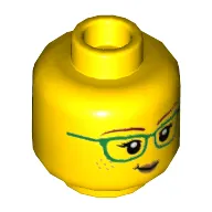 Minifig Head Freya McCloud, Green Glasses, Lopsided Grin / Brown Smudge/Mud on Face Print