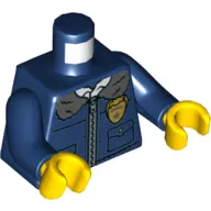 Torso Jacket with Fur Collar, Gold Security Guard Badge Print, Dark Blue Arms, Yellow Hands