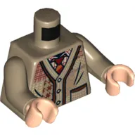 Torso Sweater Cardigan with Pocket, Buttons, and Patches, and Dark Red Tie Print, Dark Tan Arms, Light Nougat Hands