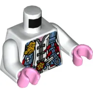 Torso Tunic with Medium Blue Utility Harness with Hot Dogs, Chopsticks, and Gold Pig Badge Print, White Arms, Bright Pink Hands