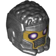 Hair and Helmet Space Wraparound, Curly Black, Gold Face, Dark Purple and Bright Pink Eyes, Grill print