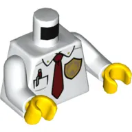 Torso Shirt, Pocket with Pen, Dark Red Tie, Gold Fire Badge Print, White Arms, Yellow Hands