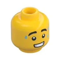 Minifig Head Ice Cream Vendor, Thick Eyebrows, Bright Light Blue Sweat Drops, Open Mouth with Teeth Print