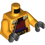 Torso Jacket with Tan Fur Collar, Open over Dark Red Undershirt, Utility Belt Print, Bright Light Orange Arms, Black Hands