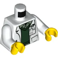 Torso, Lab Coat, ID Badge, Dark Green Sweater, Sand Green Shirt print, White Arms, Yellow Hands
