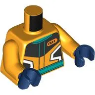 Torso, Race Suit, Black/Dark Turquoise/White Decorations print, Bright Light Orange Arms, Dark Blue Hands