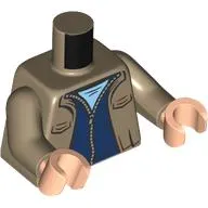Torso Jacket, Open over Dark Blue Sweater with Zipper, Bright Light Blue Undershirt print, Dark Tan Arms, Light Nougat Hands