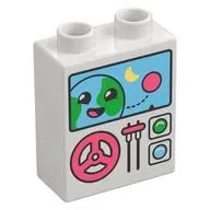 Duplo Brick 1 x 2 x 2 with Bottom Tube, Steering Wheel, Lever, Buttons, Monitor with Smiling Earth Print