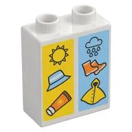 Duplo Brick 1 x 2 x 2 with Bottom Tube, Sun, Hat, and Sunscreen on Yellow Background, and Rain Cloud, Rain Boots, Raincoat on Blue Background Print