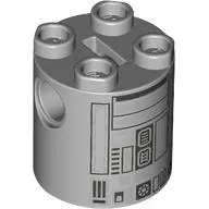 Brick Round 2 x 2 x 2 Robot Body, Axle Holder '+' Orientation with Silver Astromech Droid Print (R2-BHD)