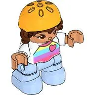 Duplo Figure Child with Hair and Bike Helmet Bright Light Orange, Bright Light Blue Legs, Striped Shirt with Heart Print