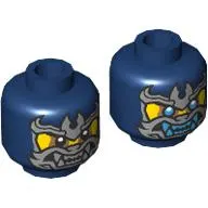 Minifig Head Wolf Warrior, Silver Face Mask, Nougat Eye Shadow, Black Eyes / Blue Eyes and Fangs Print