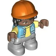Duplo Figure Child with Hair and Riding Helmet Orange, Bright Bluish Grey Legs, Medium Blue Jacket print
