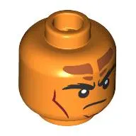 Minifig Head Tiefling Sorcerer, Thick Black Eyebrows, Dark Red Lips, Dark Orange Markings, Lopsided Smile/Angry, Stern