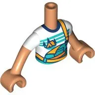 Minidoll Torso Girl with Dark Turquoise Dungarees, Orange Tent, Dark Blue Trees, Dark Turquoise Sky, Ground print, Warm Tan Arms and Hands