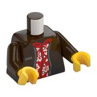 Torso, Jacket, Name Tag, Red Shirt with White Flowers print, Dark Brown Arms, Yellow Hands