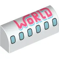 Brick Curved 1 x 4 x 1 1/3 No Studs with Airplane Windows, Coral 'WORLD' print