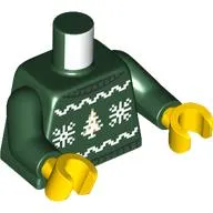 Torso, Christmas Sweater, White Snowflakes, Tree print, Dark Green Arms, Yellow Hands