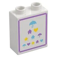 Duplo Brick 1 x 2 x 2 with Medium Lavender Border, Medium Azure/Lavender/Yellow Umbrellas, Houses, Hearts, Stars print