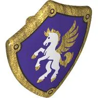 Shield Triangular with Spiked Top with White Horse, Gold Mane, Tail, Hooves on Dark Purple Background print