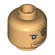 Minifig Head Shanks, Dark Red Stubbled Beard, Large Scar, Raised Eyebrow Smirk / Angry