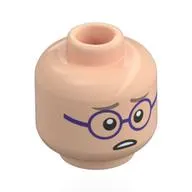 Minifig Head Koby, Dark Tan Eyebrows, Dark Purple Glasses, Open Mouth Smile / Worried