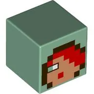 Minifig Head Special, Cube with Pixelated Medium Nougat Dace, Red Hair, Olive Green Eye, Dark Brown Hood print