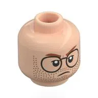 Minifig Head Francis Fratelli, Dark Orange Eyebrows, Black Glasses, Stubbles, Lopsided Mean Smirk / Grumpy Stare