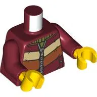 Torso Winter Coat, Zipper, Tan, Orange, and Dark Red Panels, Olive Green Sweater print, Dark Red Arms, Yellow Hands