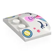 Brick Round 3 x 4 x 2/3 Triple Curved with 2 Sunk Studs with Unicorn Face, Rainbow Mane, Bright Pink Nose, Dark Blue Eyes, Coral Star, Yellow/Bright Light Blue Headlights print