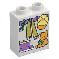 Duplo Brick 1 x 2 x 2 with Bottom Tube, Hooks with Scarf and Hat, Shoes, and Teddy Bear Print