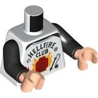 Torso, Black 'HELLFIRE CLUB', Red Minifig Head, Orange Flames print, Black Arms, Light Nougat Hands