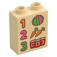 Duplo Brick 1 x 2 x 2 with Bottom Tube with '1', '2', '3', Jam Jars, Carrots, and Watermelon Print
