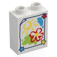 Duplo Brick 1 x 2 x 2 with Bottom Tube with Childs Drawing of a Flower and Sun Print