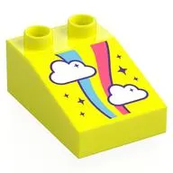 Duplo Brick 3 x 2 Slope 33° with White Clouds, Coral/Medium Blue Rainbow, Stars print