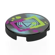 Tile Round 2 x 2 with Vinyl Record, Medium Azure Grooves, Center, Lime/Magenta Rectangle, Splotches print