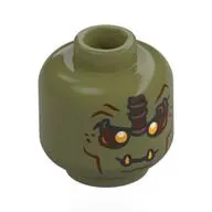 Minifig Head Orc, Yellow Eyes, Reddish Brown Lines, Dark Tan/Brown Shape on Forehead, Yellow Fangs, Closed Mouth / Open Mouth