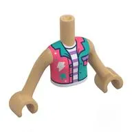 Minidoll Torso Girl with Warm Tan Arms and Hands with Coral/Dark Turquoise Jacket, Paint Splotches, White/Lavender Striped Shirt print