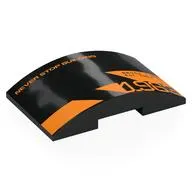 Brick Curved 4 x 6 Double, 2 x 4 Cutout with Orange 'NEVER STOP BUILDING', '1963', 'BRUCE / MRL Est. 1963' print