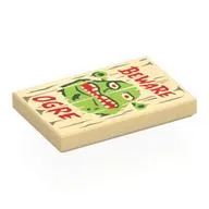 Tile 2 x 3 with Wooden Sign, 'OGER BEWARE', Shrek Face print