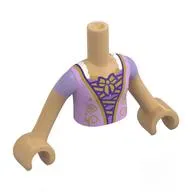 Minidoll Torso Girl with Warm Tan Arms and Hands with Lavender/Pink Dress, Gold Decorations, Laces print