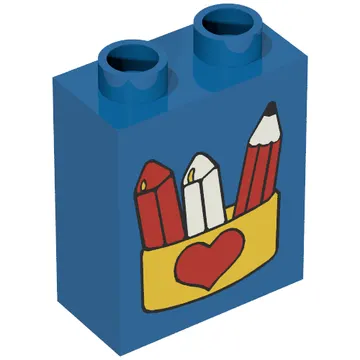 Duplo Brick 1 x 2 x 2 with Pencil and Crayons in Box with Red Heart Print