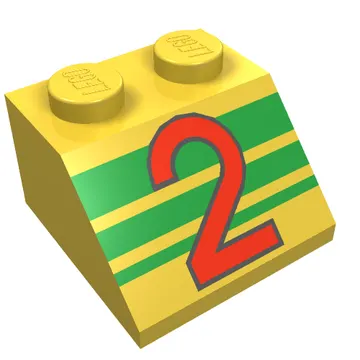 Brick Sloped 45° 2 x 2 with Red '2' and Green Stripes Print