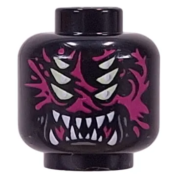 Minifig Head Arika, 6 Yellowish Green Eyes, Magenta Patterns, White Sharp Teeth/Fangs Print